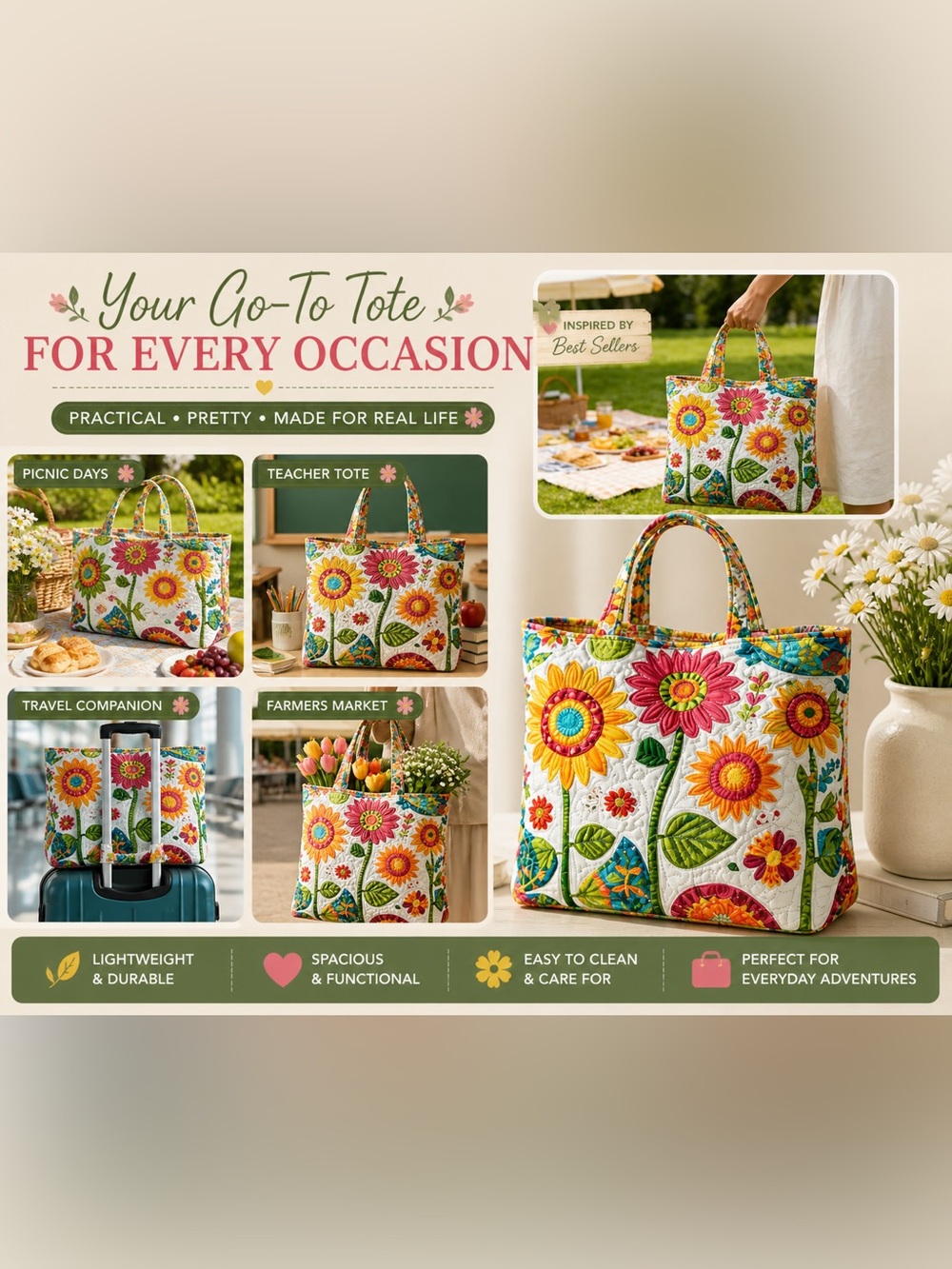 Colorful Quilted Floral Tote Bag Large Lightweight Everyday Carryall teacher bag - Picture 4 of 4